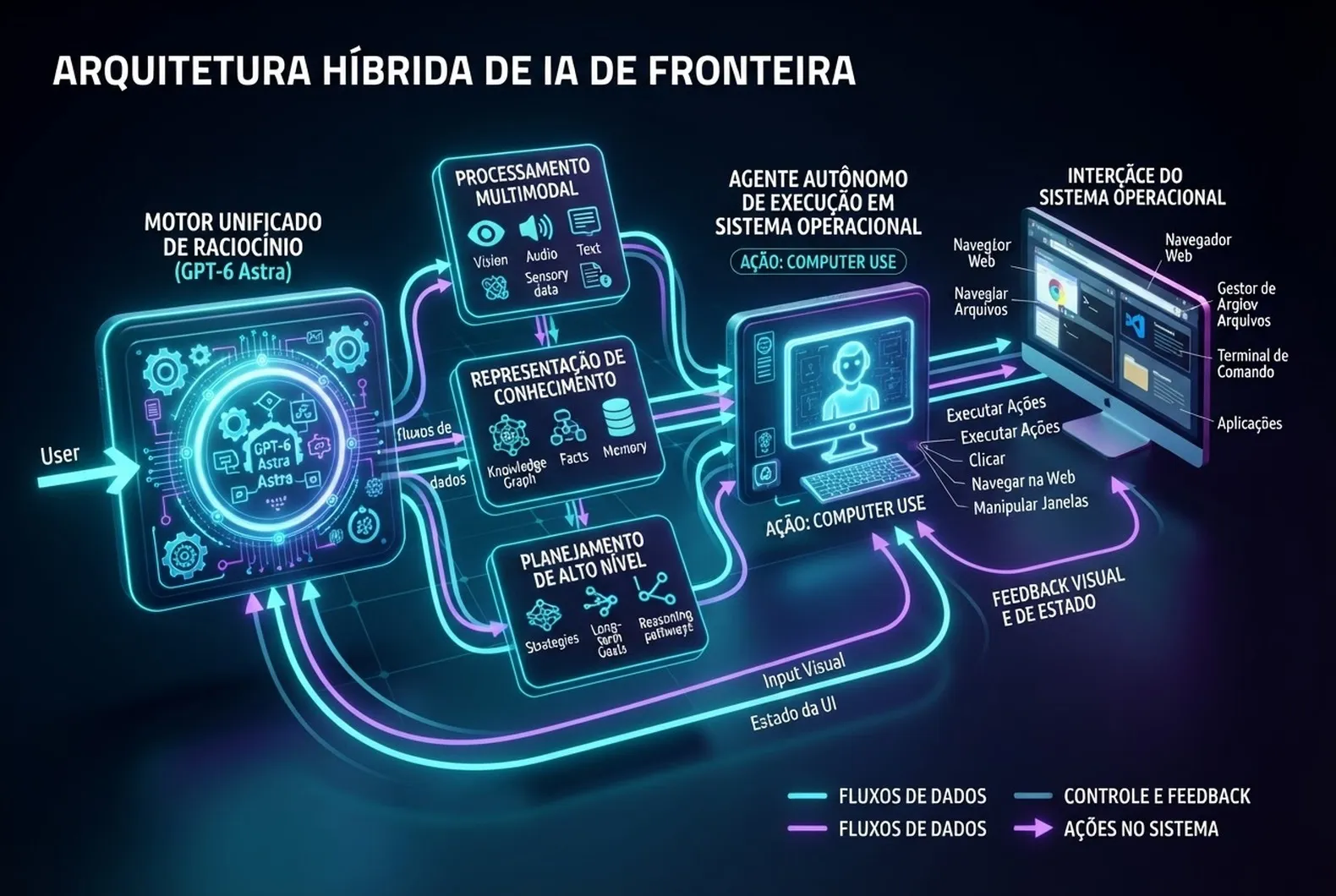 Diagrama esquemático 3D da arquitetura unificada de raciocínio e execução em sistema operacional do GPT-6 Astra